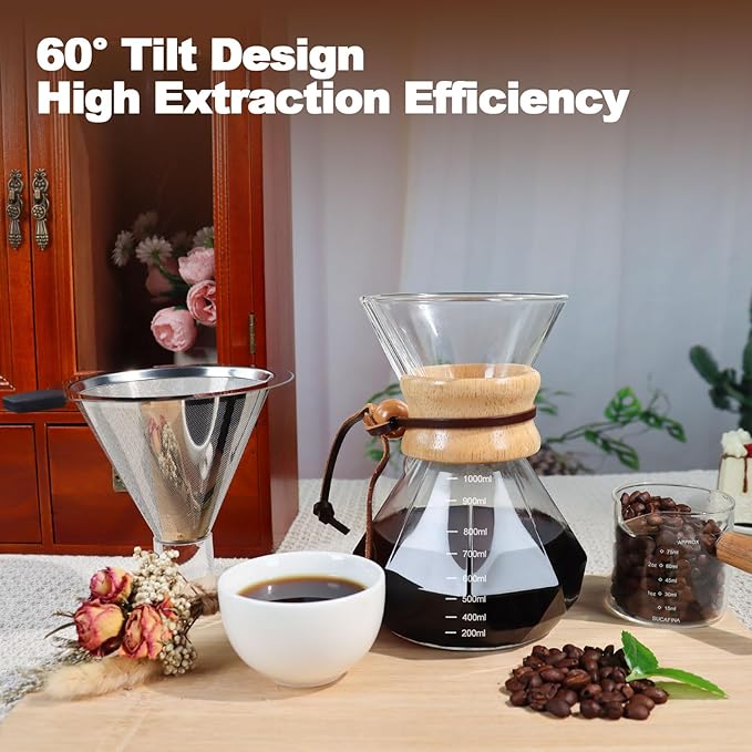 Pour Over Coffee Pot Set 1000ml 33.8oz Features 304 Stainless Steel Filter Glass Coffee Pot with High Borosilicate Glass Duckbill Spout Design Solid Wood Handle Pour Over Coffee Daily Brewing