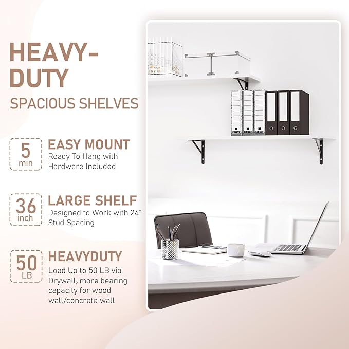 Kaboon 36 inch Long 10 inch Deep Floating Shelves for Wall Set of 2, Large Open Shelves Wall Mounted, Space Saving Home and Commercial Use, White