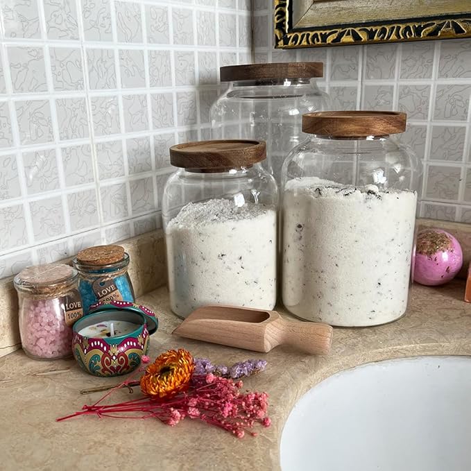 40 oz Bath Salts Glass Jar with Wooden Lid and Scoop,Bathroom Decor Container,Airtight Storage Bathtub Accessories for Women