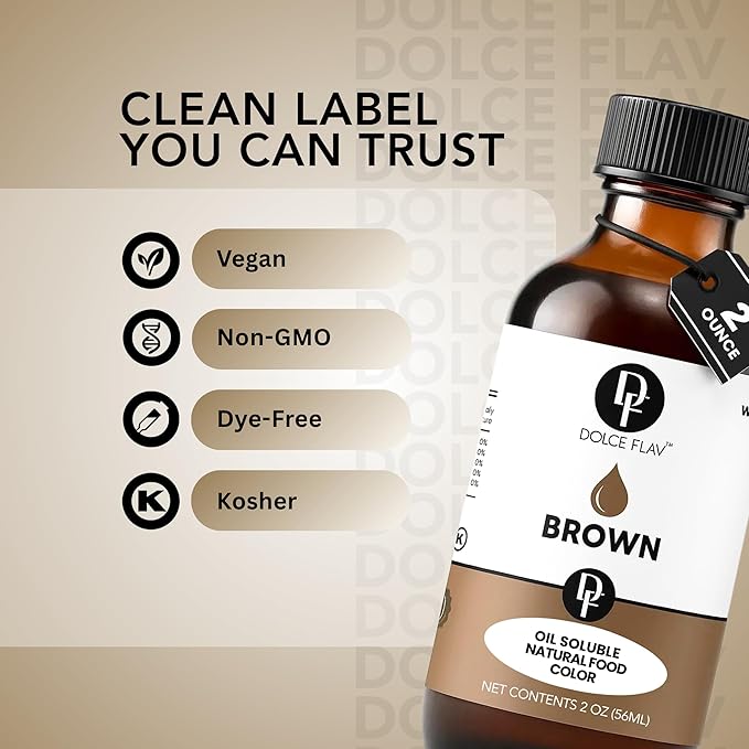 Dolce Flav Natural Brown Food Coloring – 2 oz Liquid Color from Class IV Caramel with Graduated Dropper | Water-Soluble | For Baking, Beverages & Sauces | Kosher | Made in USA