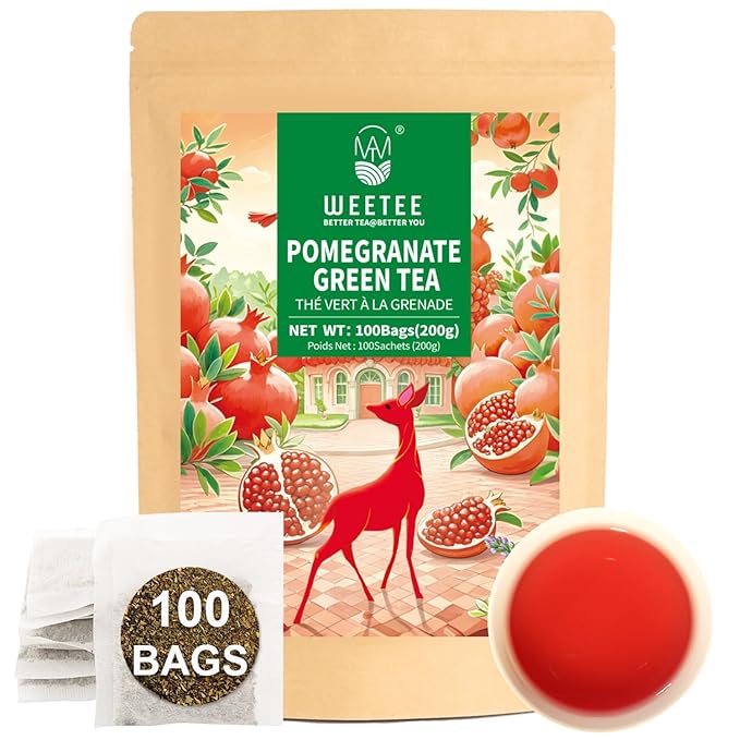 WT WEETEE Pomegranate Green Tea Bags 100 Count, Made of Sencha Green Tea with Pomegranate Flavor, Hibiscus & More, Caffeinated Tea