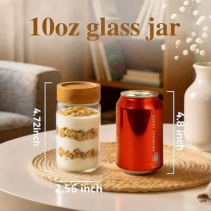 2-Piece 10 oz Food-Grade Glass Mason Jars with Sturdy Acacia Wood Lids, Sealable Waterproof, Transparent Easily Stackable for Overnight Oats, Spice Storage & Snack Organizing