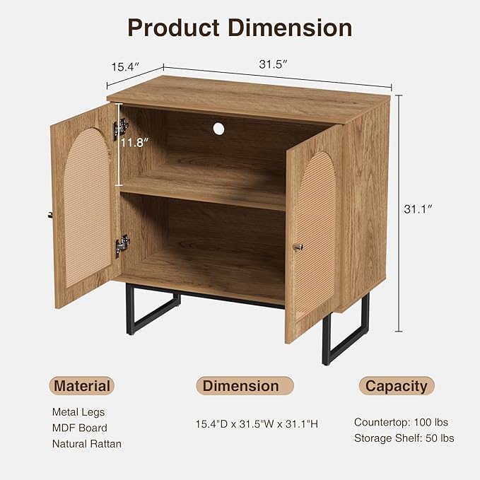 Sideboard Buffet Cabinet with Rattan Doors, Boho Storage Cabinet with Metal Legs, Wooden Accent Furniture for Dining/Living Room, Hallway, Entryway (Natural, 2 Doors)