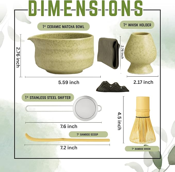 Matcha Whisk Set – 7-Piece Matcha Kit with Spouted Bowl, Bamboo Whisk & Holder, Scoop, Strainer & Spoon – Complete Japanese Tea Set for Beginners, Gifting & Ceremony – Gift Box Included