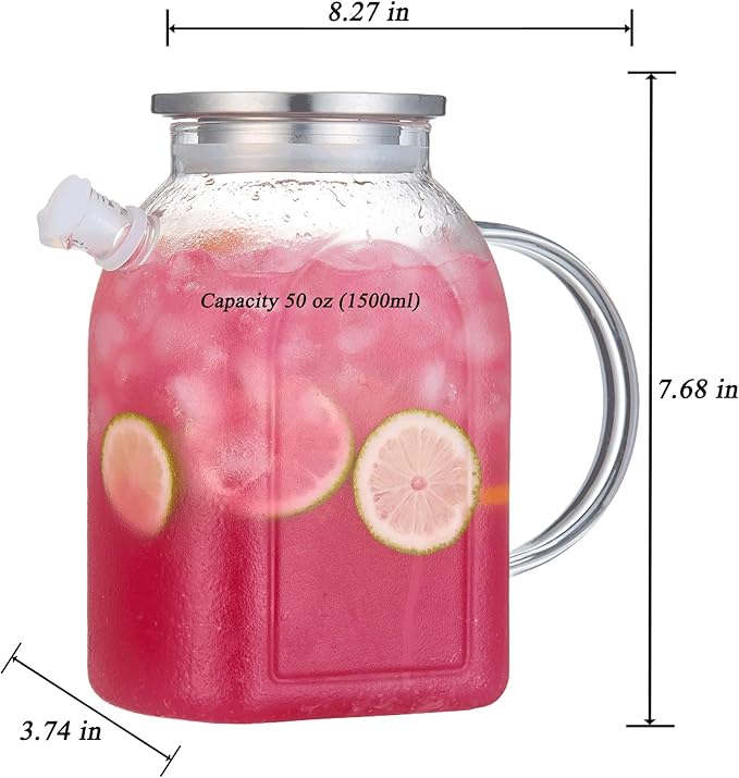 Purefold 1.5 Liter/50 oz Water Pitcher with Full Seal Lid and Spout, High Borosilicate Glass Jug, Leakproof Fridge Door Carafe for Iced Tea, Coffee, Juice, Milk Beverage