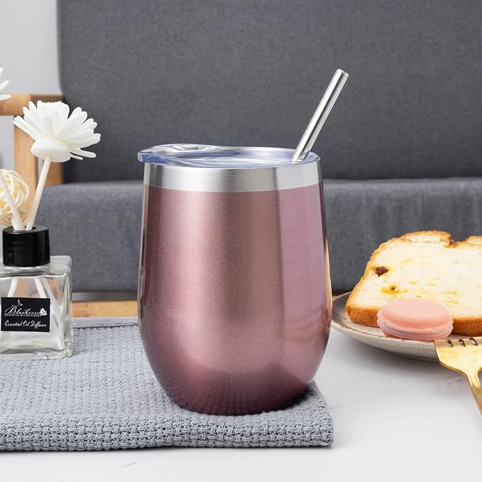 12 oz Insulated Wine Tumbler with Lid and Straw,Stainless Steel Stemless Wine Tumbler Glasses Double Wall Vacuum Wine Cups Tumbler Bulk for Champaign,Cocktail,Office(Rose Gold,8)