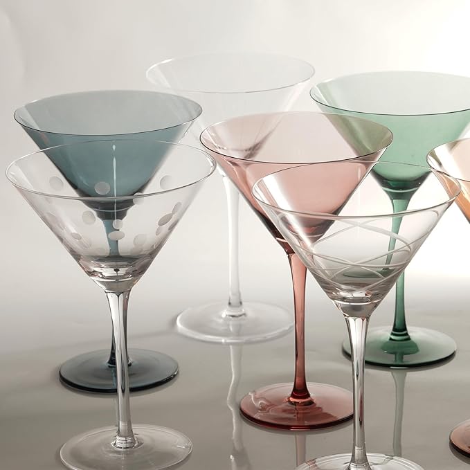 Etched Martini Glasses Set of 2-9 oz, Handmade Premium Crystal Cocktail Glasses, Martini, Cosmopolitan, Manhattan, Gimlet, Pisco Sour, Christmas Gifts for Men Women, Etched -(Lines+Dots)