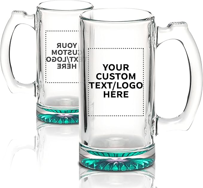 12 Libbey Beer Mugs Set, 12 oz. - Customizable Text, Logo - Groomsmen Glassware - Green
