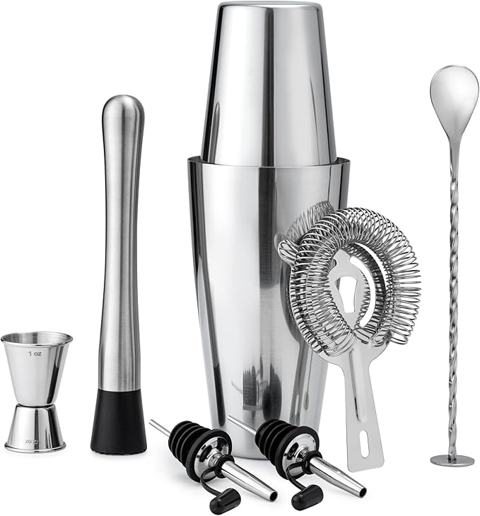 Boston Cocktail Shaker Set, 8-Piece Bartender Kit with 18oz & 28oz Shaker Strainer Muddler Jigger Mixing Spoon Pourers, Bar Accessories, Stainless Steel Martini Shaker, Bar Tools