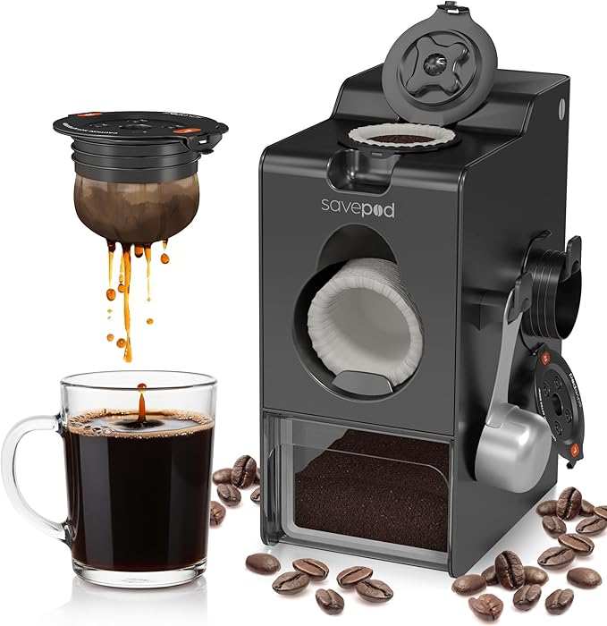 SavePod Coffee Pod Maker with Reusable Coffee Pods, Compatible with Keurig and K-Cup Coffee Machines, Smart, Easy to Use & Convenient (Black, Small)
