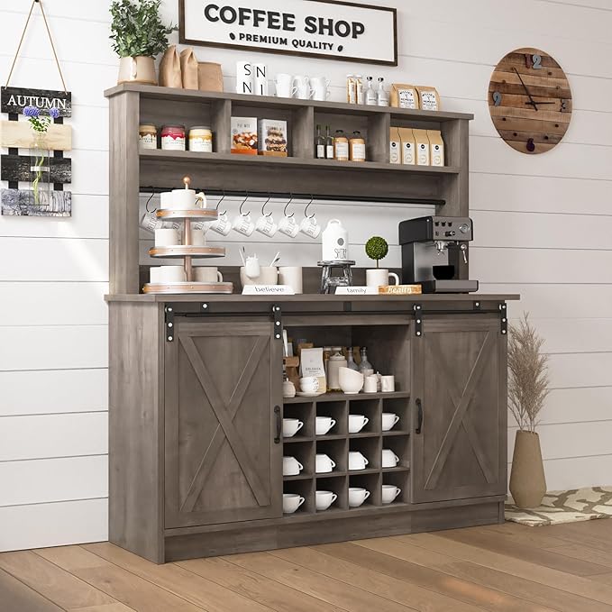 4ever2buy Farmhouse Coffee Bar Cabinet with 4 Storage Hutch, 55”Coffee Bar with Sliding Barn Doors, Hutch Cabinet with 12 Wine Racks & 8 Hooks for Dining Room, Kitchen, Wash Grey