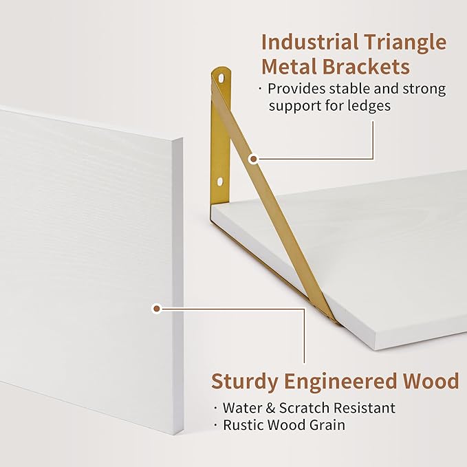 Axeman Deep Floating Shelves for Wall, 12 Inch Deep White and Gold Shelves Set of 2, 16W x 12D White Wood Wall Shelves with Golden Brackets for Bedroom Bathroom Living Room Kitchen - White & Gold