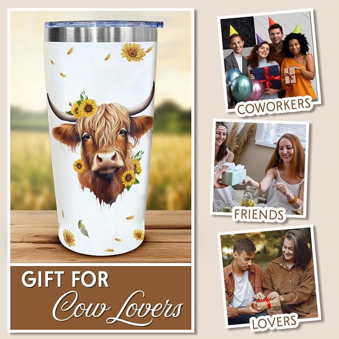 Highland Cow Tumbler - 20oz Stainless Steel Travel Mug, Cute Highland Cow Gifts for Women Friends, Birthday Gifts for Cowgirl, Farming Gifts for Female Farmers, Lover Presents for Friends, Bestie