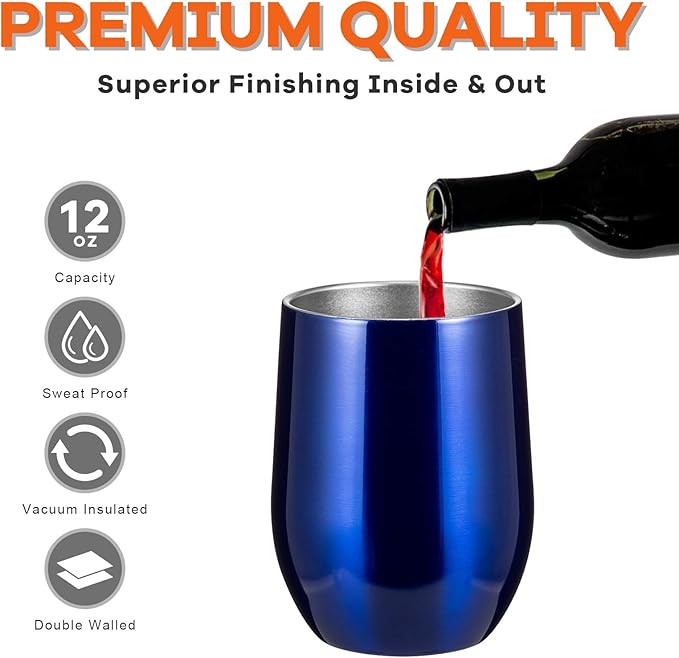 COMOOO Stainless Steel Wine Tumbler with Lid and Straw, 12oz Double Wall Vacuum Insulated Wine Tumbler Cup, Stemless Wine Tumbler for Hot and Cold Drinks, Coffee, Wine, Cocktails, Royal blue, 12 Pack
