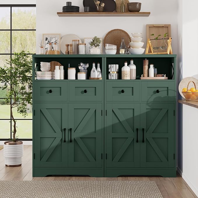 Farmhouse Dark Green Storage Cabinet with Barn Doors and 2 Drawers, Small Freestanding Kitchen Pantry Cabinet, Floor Storage Cabinets Hutch Cupboard for Kitchen/Laundry/Living Room/Bedroom