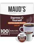 Maud's Decaf Espresso Roast Coffee Pods, 100 ct, Decaffeinated Dark Roast Coffee in Recyclable Single Serve Pods – 100% Arabica Coffee, Compatible with Keurig K Cups Maker