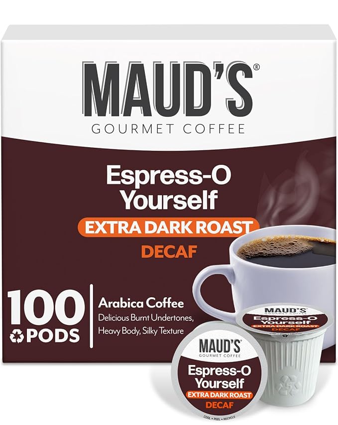 Maud's Decaf Espresso Roast Coffee Pods, 100 ct, Decaffeinated Dark Roast Coffee in Recyclable Single Serve Pods – 100% Arabica Coffee, Compatible with Keurig K Cups Maker