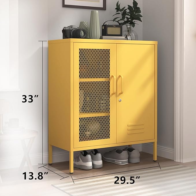 Steel Storage Cabinet Modern Metal Locker with Adjustable Shelf Lockable Storage Cabinet Metal Double Door Locker Home & Office Furniture Easy Assembly Yellow Size：33" H X 29.5" W X 13.8" D