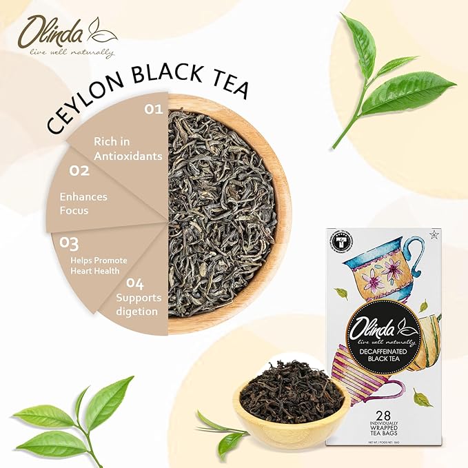 Olinda Organic Decaffeinated Black Tea 28 Individually Wrapped Tea Bags Gluten-Free Vegan Breakfast Black Tea Decaf