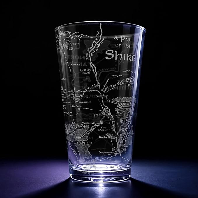 MAP OF THE SHIRE Engraved 16oz Pint Glass | Inspired by Tolkien Power Ring and Middle Earth | Great Christmas Gift Idea | Unique Elvish Fantasy Wizard Fantasy Decor!
