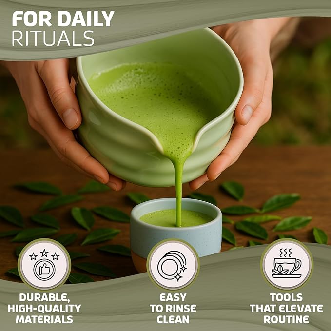 Complete Matcha Kit, 6-Piece Matcha Set with Matcha Bowl with Spout, Bamboo Whisk & Holder, Stainless Steel Spoon, Electric Frother, Matcha Whisk Set Starter Kit for Beginners & Tea Lovers