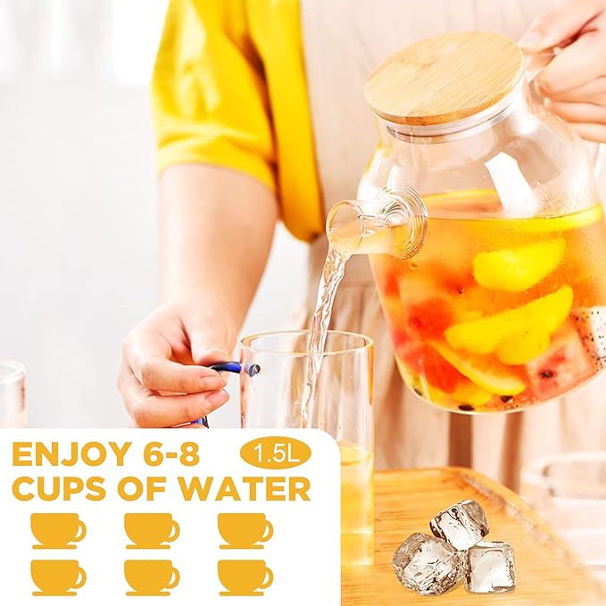 Glass Tea Pot Kettles Stovetop Safe, 50.7oz/1500mL Heatproof Borosilicate Glass Teapot Water Pitcher With Bamboo Lid and Removable Filter Spout for Loose Leaf and Blooming Tea