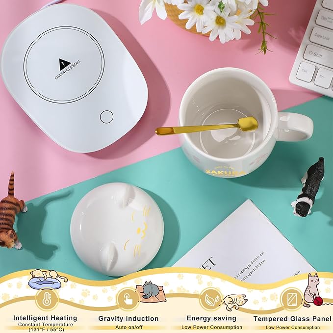 Honeydak Coffee Cup Warmer Coffee Warmer with Mug for Women Electric Coffee Mug Heater Temperature Control Ceramic Cute Cat Smart Coffee Warmer for Office Desk Home Christmas Birthday Gift (White)