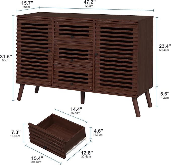 Buffet Cabinet with Slatted Doors, 47" W Sideboard Buffet with Drawers, Modern Mid Century Accent Storage Cabinet for Living Room, Entryway, Kitchen, Walnut