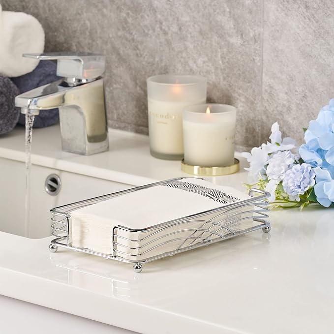 Silver Guest Towel Holder Tray for Bathroom – Countertop Napkin Organizer for Disposable Paper Towels, Elegant Hand Towel Rack for Powder Room, Modern Guest Bathroom Accessories