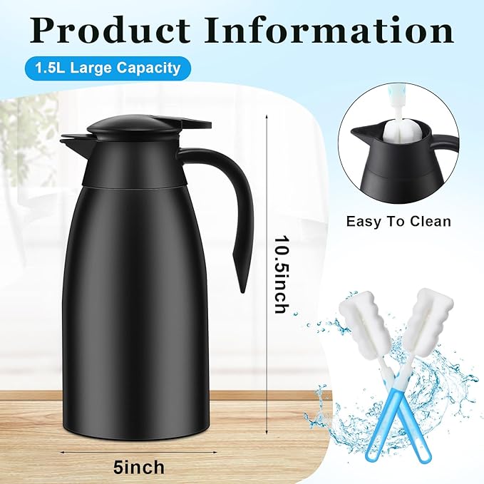 2 Pcs 51 oz Thermal Coffee Carafe for Keeping Hot Insulated Stainless Steel Vacuum Thermal Pot Flask Double Walled Vacuum Coffee Carafe for Beverage Water Tea, 12 Hot 24 Hours Cold(Black)