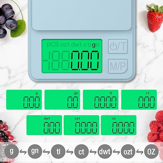 Diyife Gram Scale, 1000g/0.01g Digital Jewelry Scale for Powder, Gold, Gem, Mini Scale with LCD Display, 7 Units, Tare, Light Blue (Batteries Included)