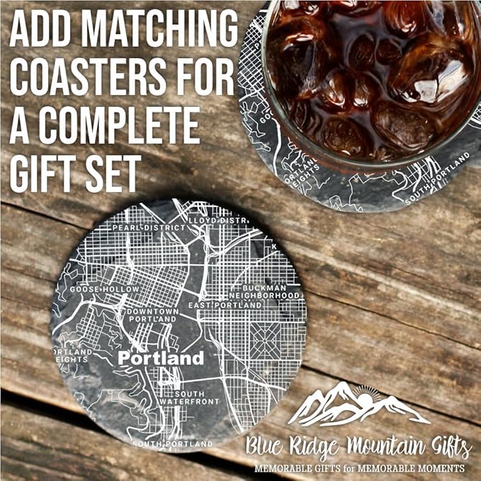 Blue Ridge Mountain Gifts - Portland Souvenir - Oregon Glassware Gift, Etched City Map, Laser Engraved and Dishwasher Safe