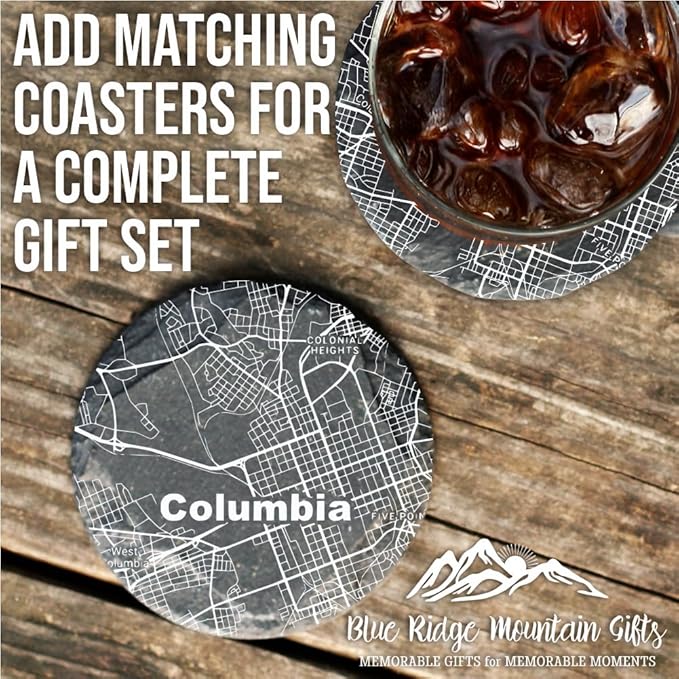 Blue Ridge Mountain Gifts - Columbia Souvenir - South Carolina Glassware Gift, Etched City Map, Laser Engraved and Dishwasher Safe