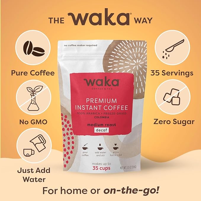 Waka Instant Coffee, Decaffeinated Medium Roast - 100% Arabica Colombian Beans, Freeze Dried Granules, No Sugar or Additives - Bulk Bag for Quick Hot and Iced Coffees, Up to 35 Cups (3.5oz)