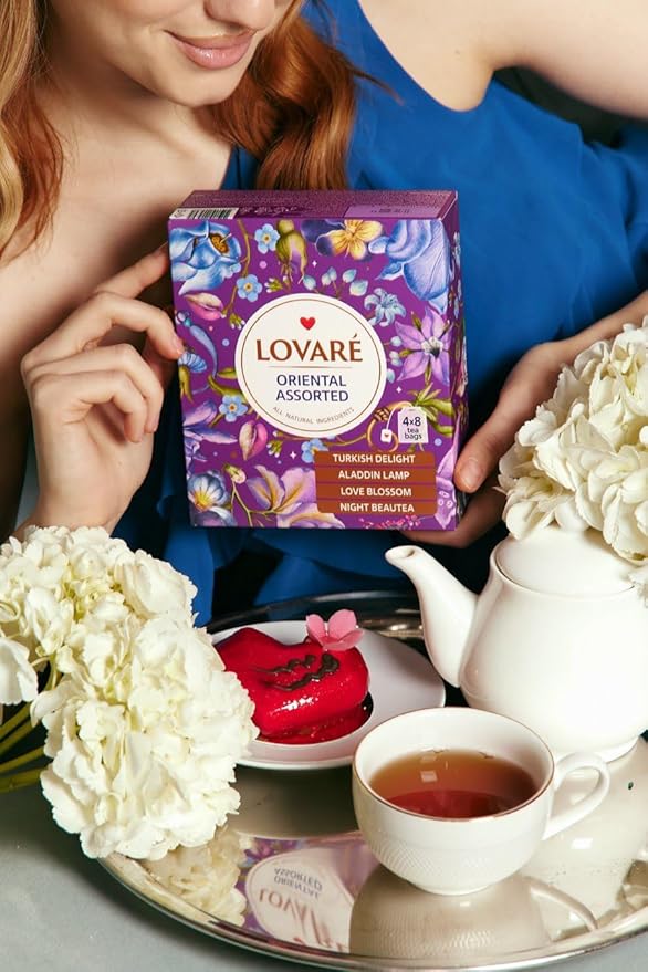LOVARE Oriental Assorted Tea Variety Pack 32 Pack - Black tea blend, Made in Ukraine - Tea Bags Individually Wrapped - Turkish Delight, Aladdin Lamp, Love Blossom, Night Beautea - Assorted Tea Bags Variety Pack