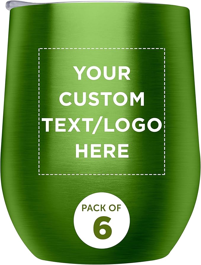 Custom Stemless Wine Glass Tumblers with Lids by Largo 11 oz. Set of 6, Personalized Bulk Pack - Perfect for Wine, Cocktails, Other Hot & Cold Beverages - Lime Green
