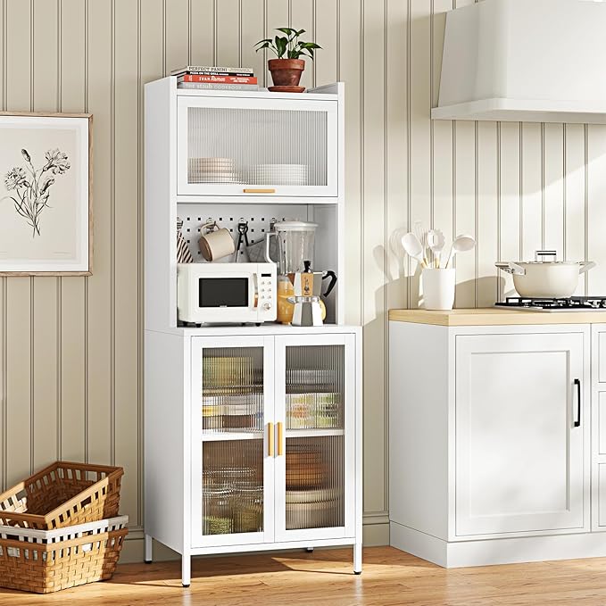Letaya Metal Kitchen Pantry Cabinet,72.6" Tall Kitchen Bakers Rack with Storage, Coffee Hutch with countertop,Metal Microwave Stand with Glass Doors for Dining Room, Laundry, Hallway,White