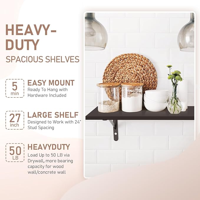 Kaboon 27 inch Long 10 inch Deep Floating Shelves for Wall Set of 2, Large Open Shelves Wall Mounted, Space Saving Home and Commercial Use, Black