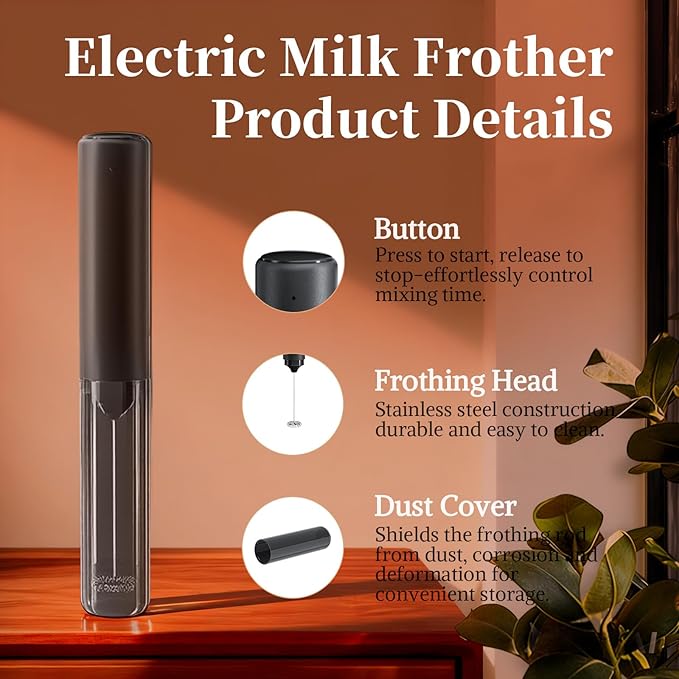 Rechargeable Electric Milk Frother with Type-C Cable, Portable Black Drinking Mixer with Dust Cover,Stirrer Tool for Kitchen, Office,Outdoor