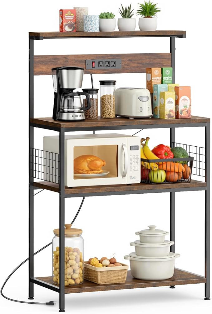 Sweetcrispy Kitchen Bakers Rack with Power Outlet, Coffee Bar Table 4 Tiers, Microwave Oven Stand Station, Adjustable Storage Shelf Freestanding Appliance Organizer - 31.5 Inch, Rustic Brown