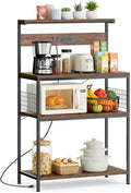 Sweetcrispy Kitchen Bakers Rack with Power Outlet, Coffee Bar Table 4 Tiers, Microwave Oven Stand Station, Adjustable Storage Shelf Freestanding Appliance Organizer - 31.5 Inch, Rustic Brown
