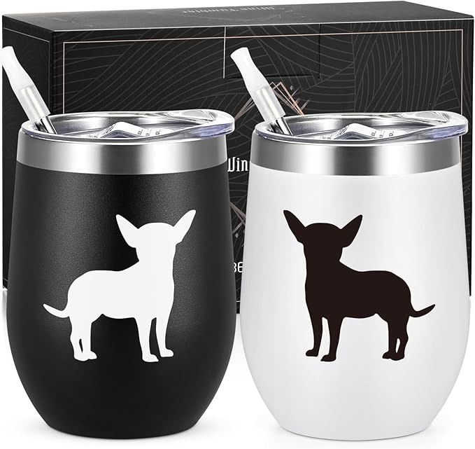 Lifecapido Chihuahua Gifts, Chihuahua Silhouette 12oz Stainless Steel Wine Tumbler Set of 2, Birthday Gifts Christmas Gifts for Dog Lovers Dogs Parents Dogs Mom Dog Dad, Black and White
