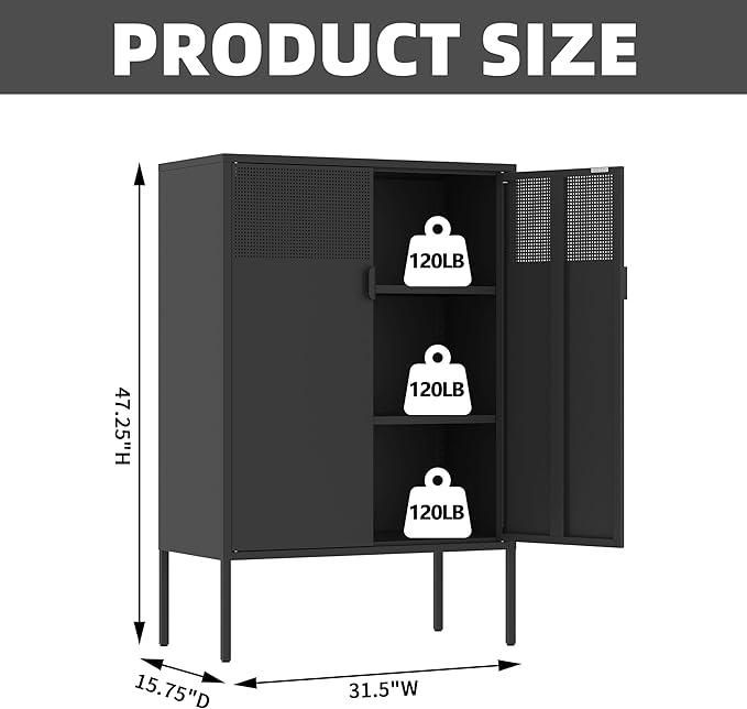 Black Metal Storage Cabinet,2 Door TV Stand, Metal Mesh Accent Cabinet,Magnetic Door Closure,Low Storage Cabinets with Doors and Shelf for Home,Office,Living Room