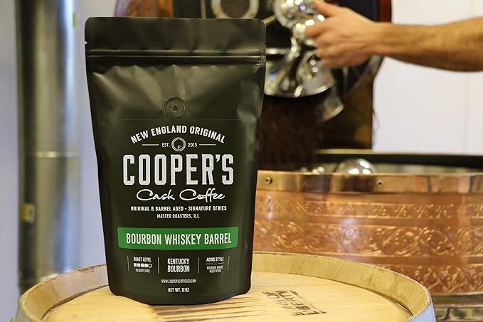 Bourbon Whiskey Barrel Aged Coffee Beans, Ground, Single Origin Colombian Coffee Aged in Kentucky Bourbon Whiskey Barrels - 12 oz Bags
