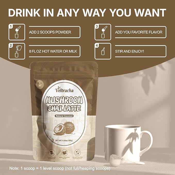 Veltracha Mushroom Chai Tea, Instant Decaf Chai Tea Powder with 6 Adaptogenic Mushrooms, Spiced Chai Latte for Energy & Focus Support, 6.35 oz 20 Servings (Natural Coconut)