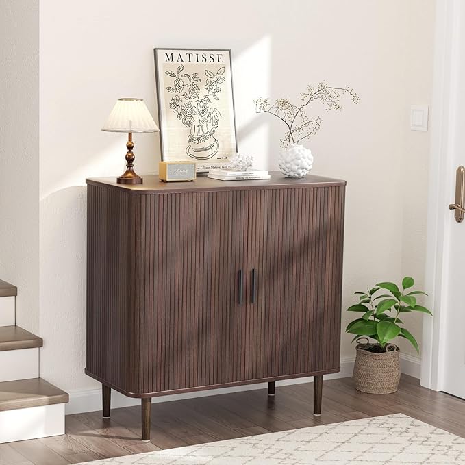 35" Fluted Accent Buffet Cabinet, Walnut Small Storage Sideboard with Sliding Door, Mid Century Modern Credenza with Solid Wood Leg, Wine Coffee Bar Console Table for Kitchen, Entryway, Living