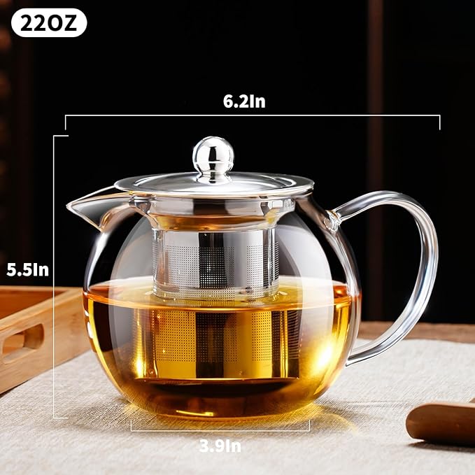 PARACITY Glass Teapot Stovetop 22 OZ/650ml, Tea pot with Removable 18/8 Stainless Steel Infuser, Borosilicate Clear Tea Kettle, Teapot Blooming and Loose Leaf Tea Maker Tea Brewer for Camping, Travel