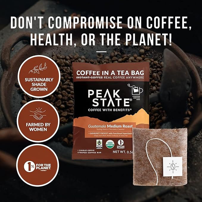 Peak State Coffee with Benefits, Medium Roast – Mushroom Coffee, Low Acid & Smooth, Dark Chocolate & Sweet Grape, Organic Whole Bean, Gluten Free, 10 Single Serve Brew Bags