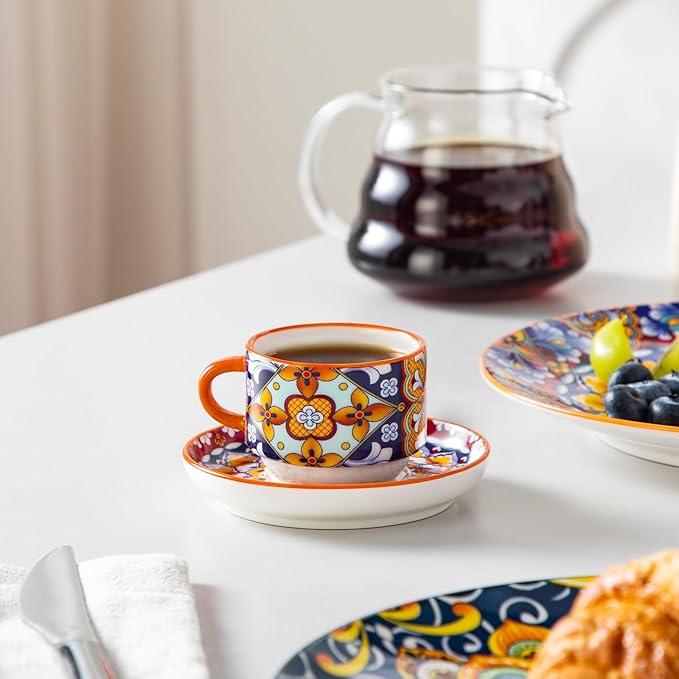 vancasso 2.5 Oz Stackable Espresso Cups with Saucers and Metal Stand Set of 4,Bohemian Ceramic Cappuccino Cups - Microwave and Dishwasher Safe, Perfect For Tea, Espresso, Latte, Cafe-01