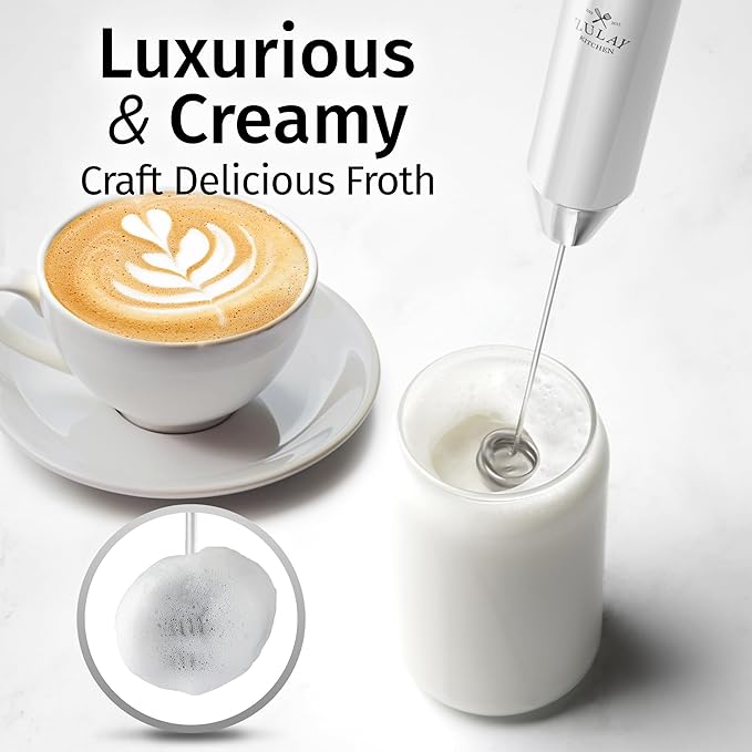 Zulay Kitchen Lux Electric Milk Frother Rechargeable Handheld - Powerful 2-Speed Motor, Waterproof, 2000mAh Battery - Drink Mixer for Latte, Cappuccino, Matcha & Protein Powder - Snow White